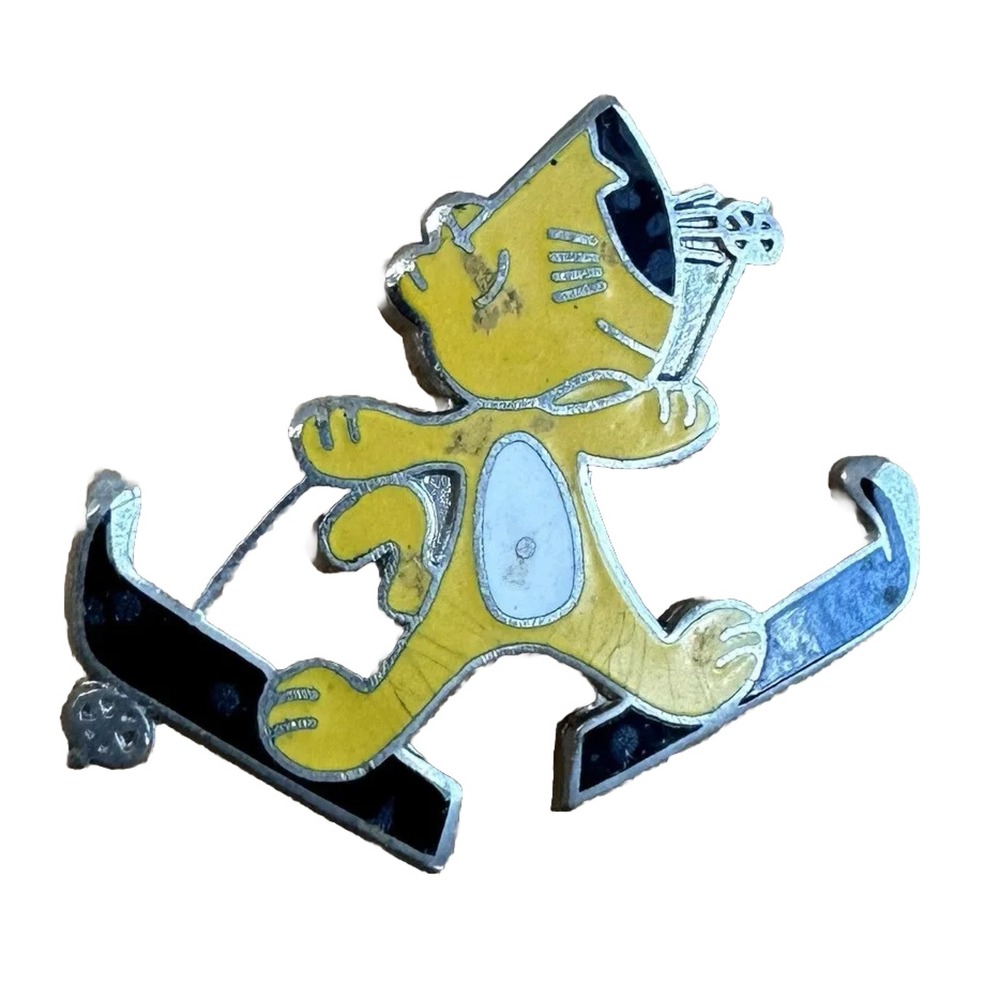 Vintage Yellow Bear on Skis Lapel Pin Retro Enamel Style Winter Sports Brooch